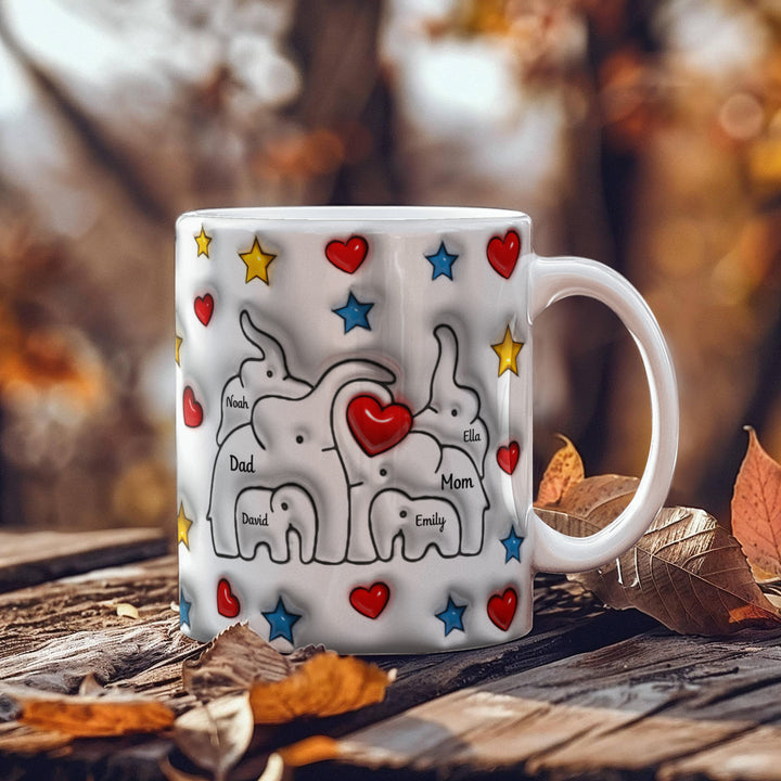 Personalized Mom & Dad plus 4 children Elephant Heart Family Mug - Ceramic, 11 oz. - Whimsical Shoppe