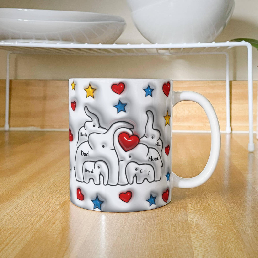 Personalized Mom & Dad plus 4 children Elephant Heart Family Mug - Ceramic, 11 oz. - Whimsical Shoppe