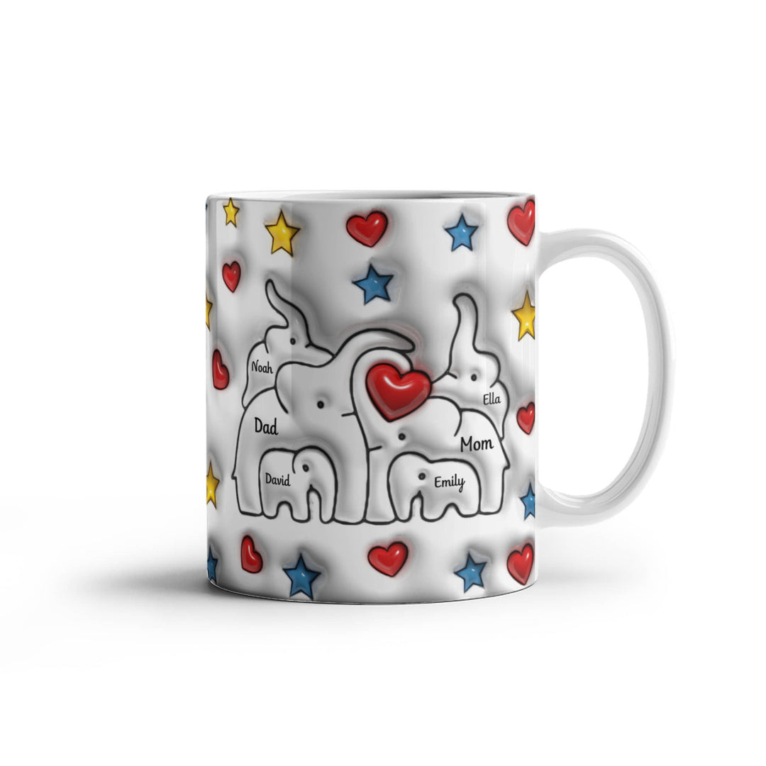 Personalized Mom & Dad plus 4 children Elephant Heart Family Mug - Ceramic, 11 oz. - Whimsical Shoppe