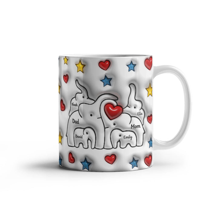 Personalized Mom & Dad plus 4 children Elephant Heart Family Mug - Ceramic, 11 oz. - Whimsical Shoppe