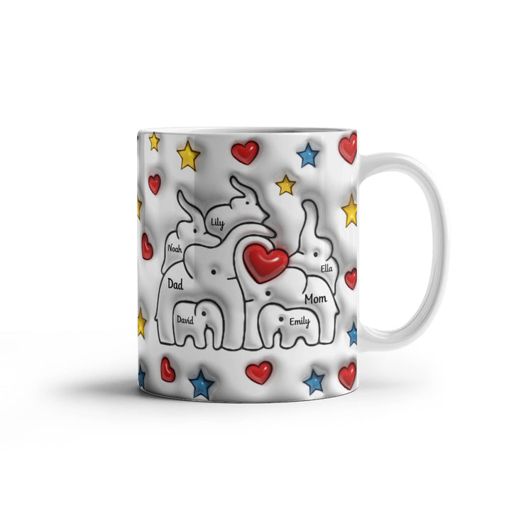 Personalized Mom & Dad plus 5 Children Elephant Heart Family Mug - Ceramic, 11 oz. - Whimsical Shoppe