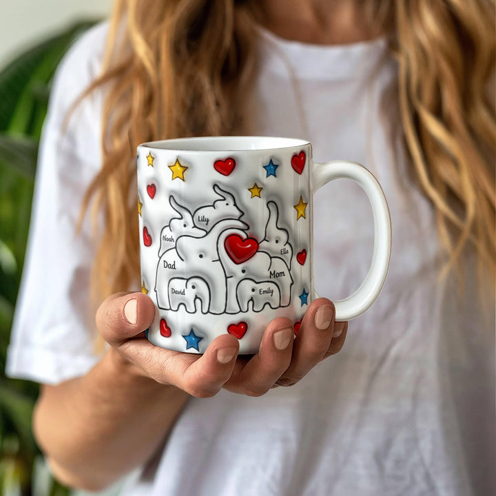 Personalized Mom & Dad plus 5 Children Elephant Heart Family Mug - Ceramic, 11 oz. - Whimsical Shoppe