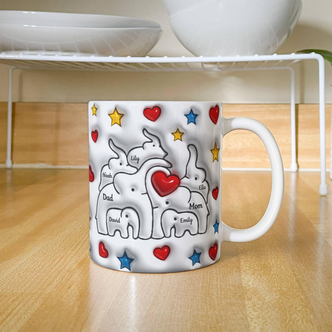 Personalized Mom & Dad plus 5 Children Elephant Heart Family Mug - Ceramic, 11 oz. - Whimsical Shoppe