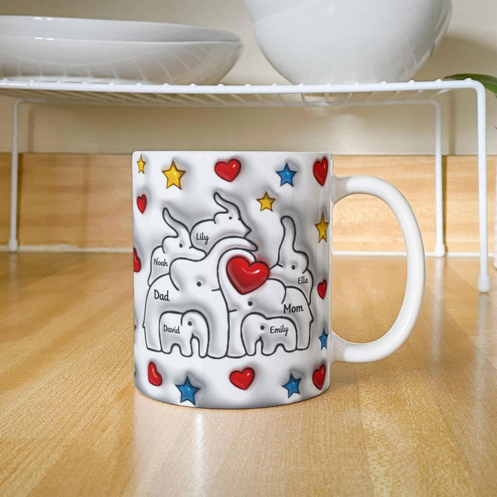 Personalized Mom & Dad plus 5 Children Elephant Heart Family Mug - Ceramic, 11 oz. - Whimsical Shoppe