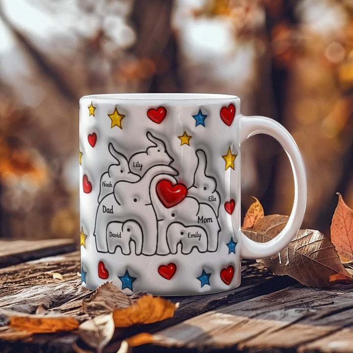 Personalized Mom & Dad plus 5 Children Elephant Heart Family Mug - Ceramic, 11 oz. - Whimsical Shoppe