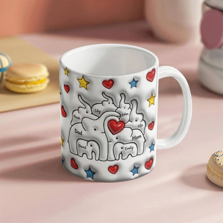 Personalized Mom & Dad plus 6 children Elephant Heart Family Mug - Ceramic, 11 oz - Whimsical Shoppe