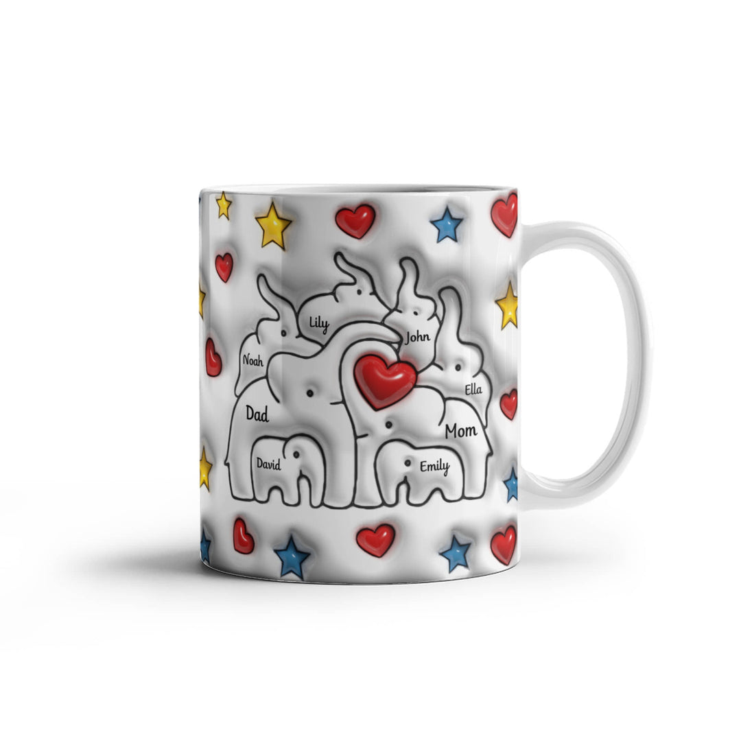 Personalized Mom & Dad plus 6 children Elephant Heart Family Mug - Ceramic, 11 oz - Whimsical Shoppe