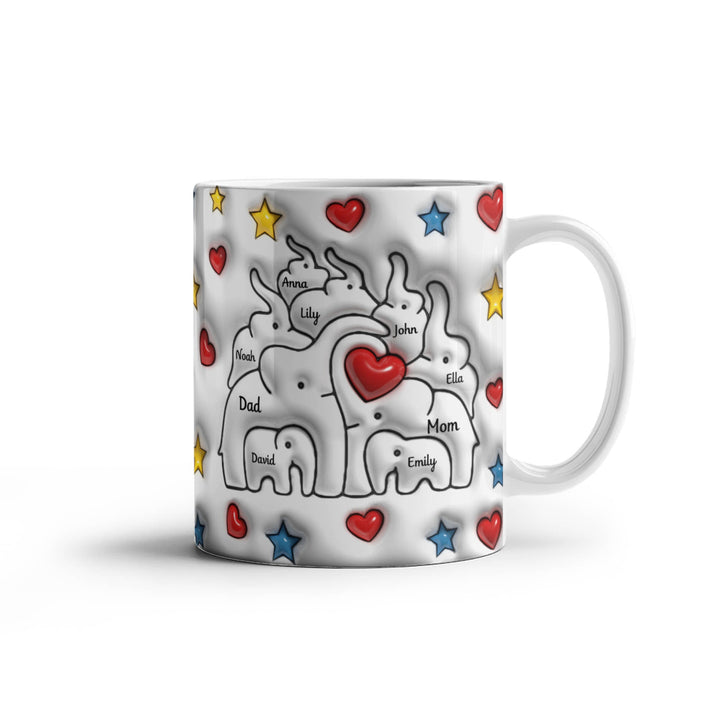 Personalized Mom & Dad plus 7 children Elephant Heart Family Mug - Ceramic, 11 oz. - Whimsical Shoppe