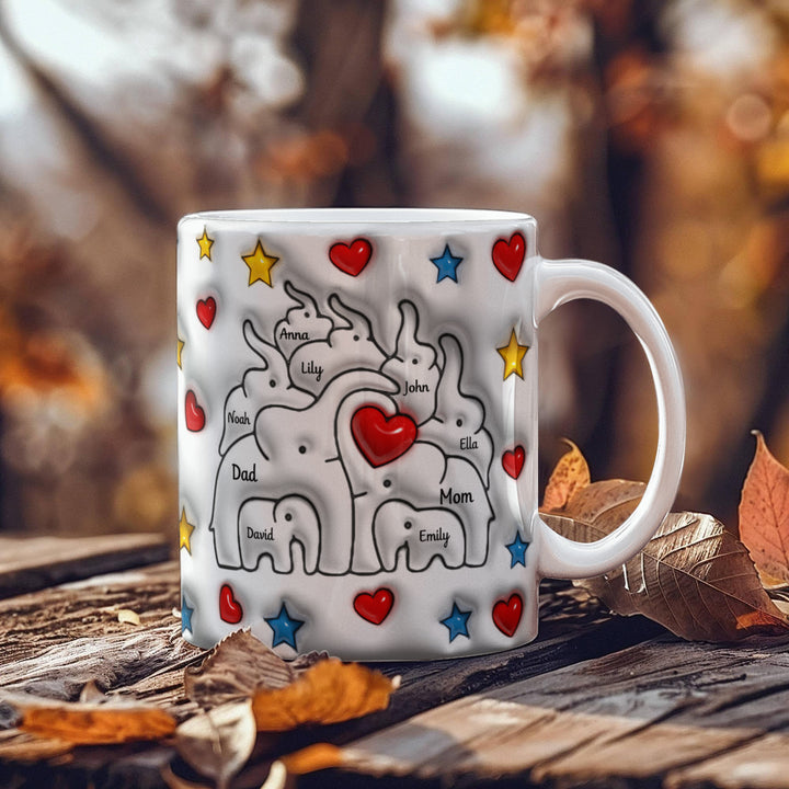 Personalized Mom & Dad plus 7 children Elephant Heart Family Mug - Ceramic, 11 oz. - Whimsical Shoppe
