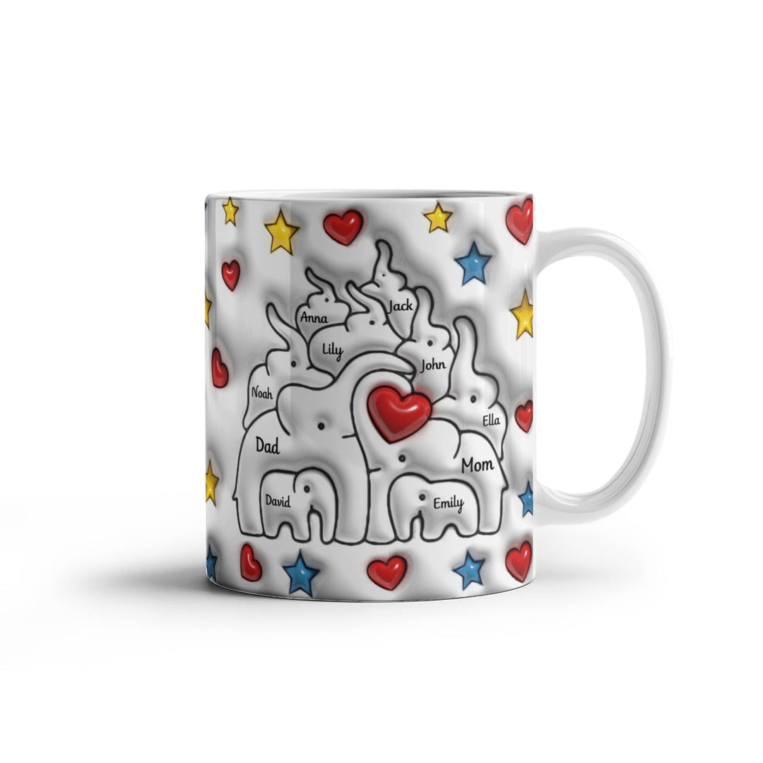 Personalized Mom & Dad plus 8 children Elephant Heart Family Mug - Ceramic, 11 oz - Whimsical Shoppe