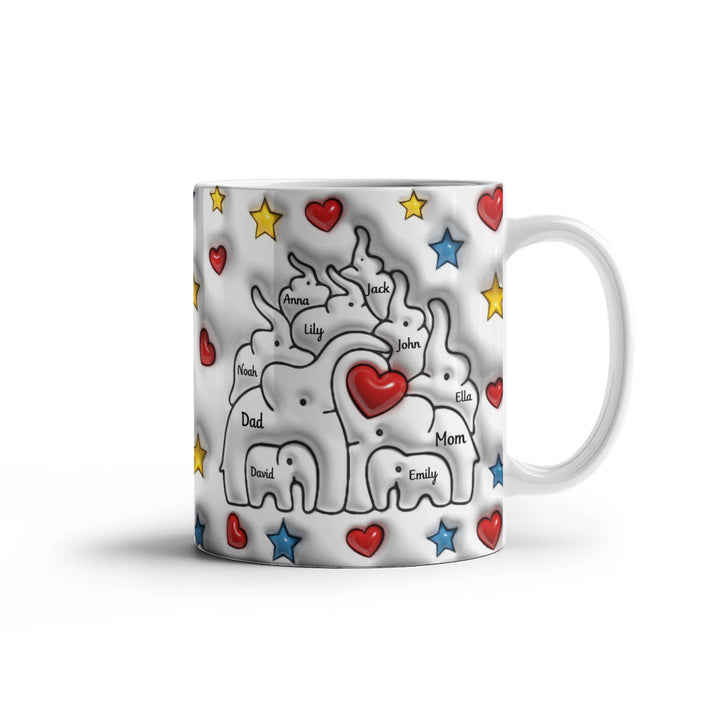 Personalized Mom & Dad plus 8 children Elephant Heart Family Mug - Ceramic, 11 oz - Whimsical Shoppe