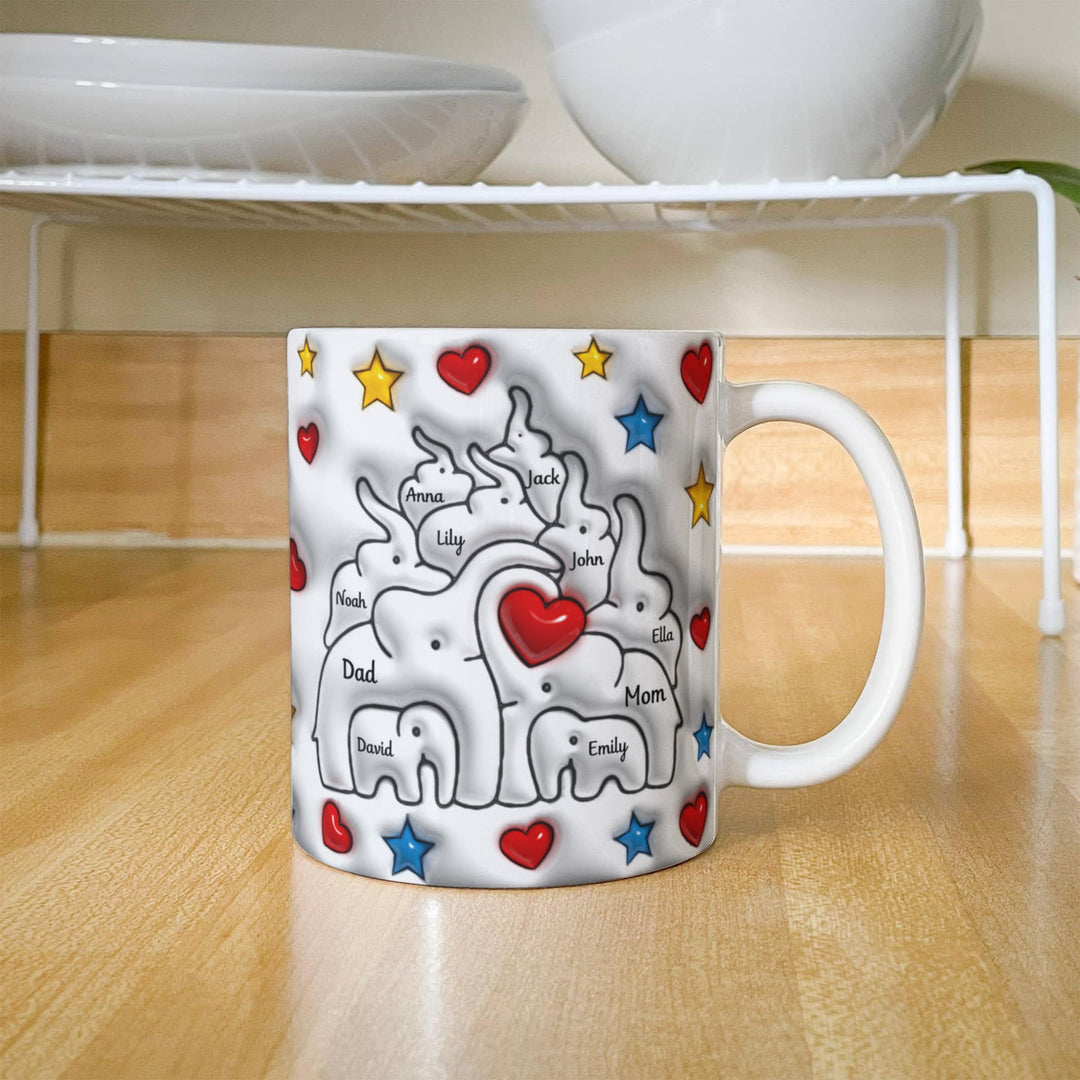 Personalized Mom & Dad plus 8 children Elephant Heart Family Mug - Ceramic, 11 oz - Whimsical Shoppe