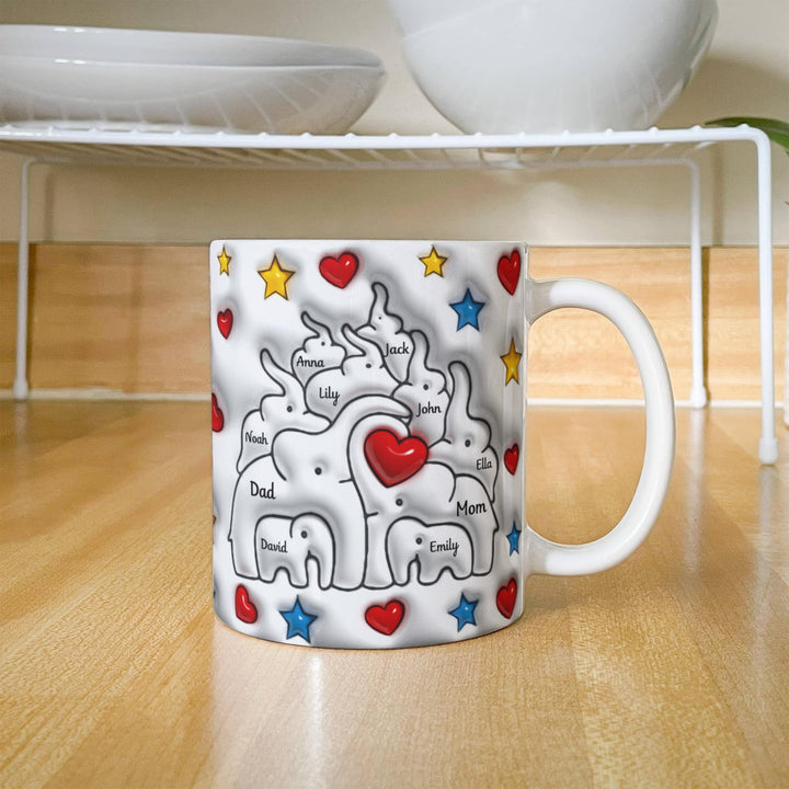 Personalized Mom & Dad plus 8 children Elephant Heart Family Mug - Ceramic, 11 oz - Whimsical Shoppe
