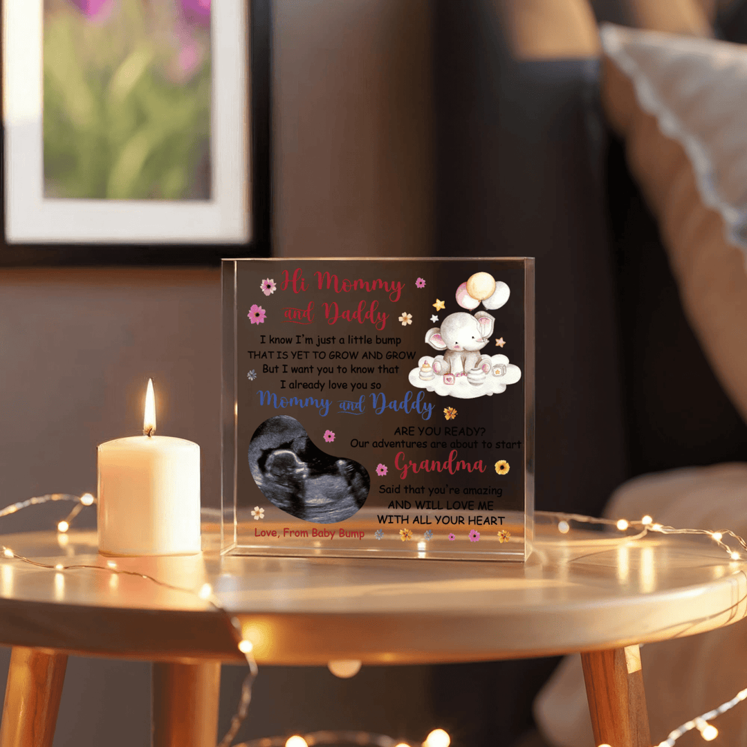 Personalized Pregnancy Announcement Acrylic Plaque - Sonogram & Baby Bump Letter (6" x 6") - Whimsical Shoppe