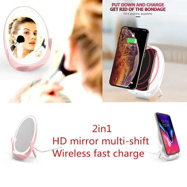 Portable Stand Mirror with Light & Wireless Charger – 5V/1A, <6mm Qi Charging (Girl Powder/Bright Moon White) - Whimsical Shoppe