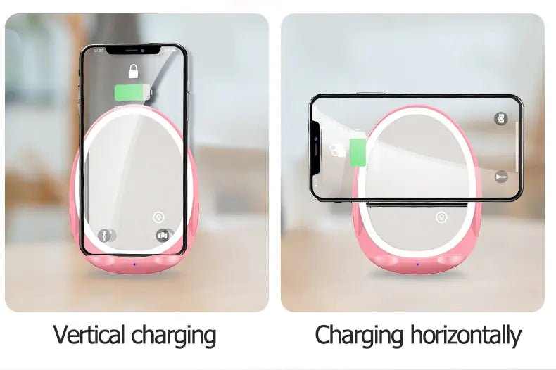 Portable Stand Mirror with Light & Wireless Charger – 5V/1A, <6mm Qi Charging (Girl Powder/Bright Moon White) - Whimsical Shoppe