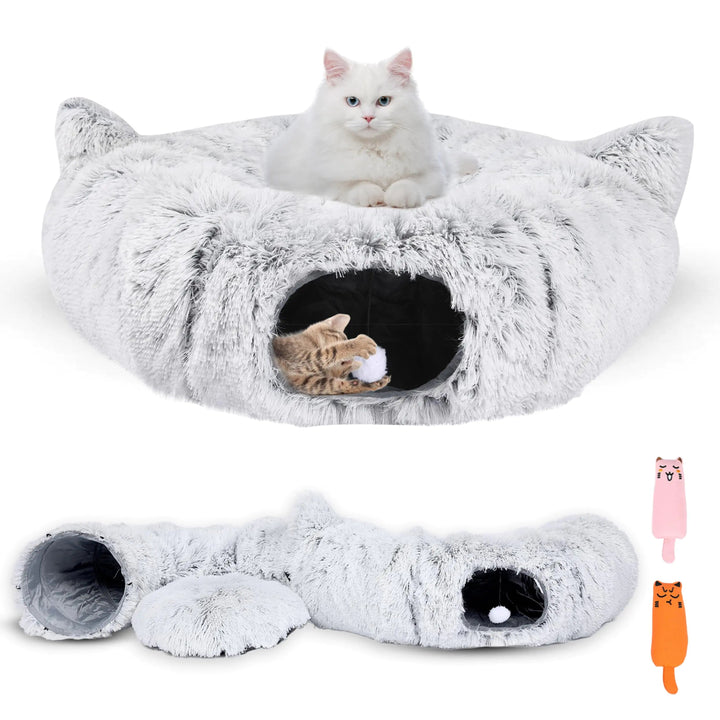 PurrPuff Cat Tunnel Bed & Mat 2 - in - 1 - Cozy Fur Hideaway - Whimsical Shoppe