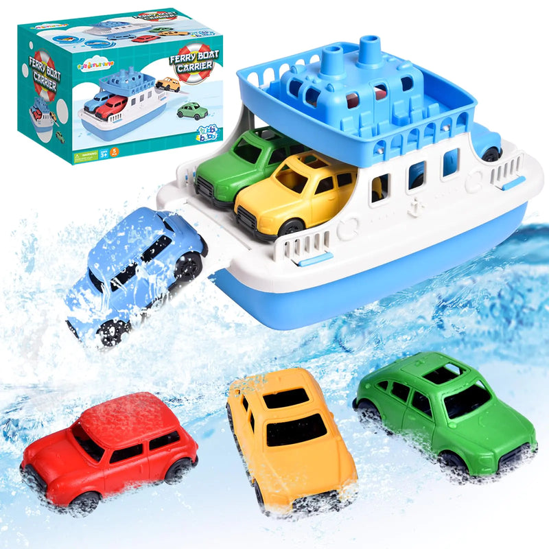 Toy Boat Bath Set with 4 Mini Cars – Floating Ferry Boat Water Toys for Toddlers (Bathtub/Pool/Beach), Safe & Mold-Free