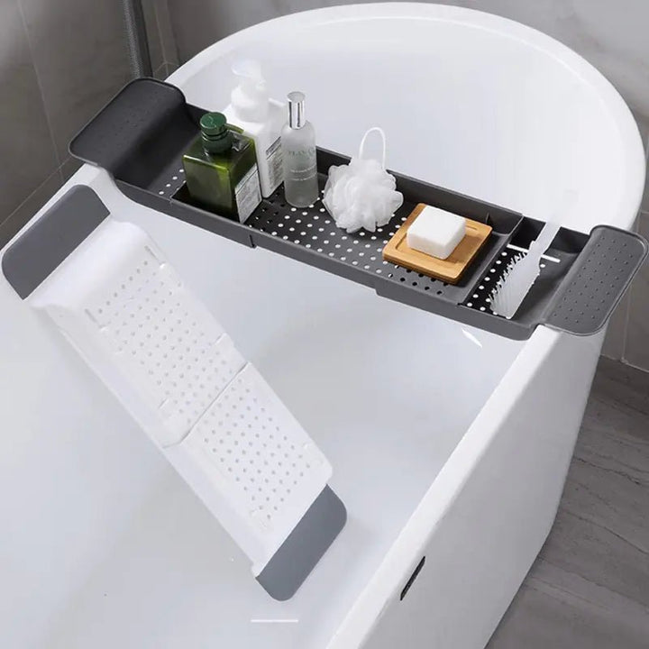 Retractable Bathtub Shelf – Japanese - Style Bathroom Storage Tray, Punch - Free Install (White Ash/Black Ash) - Whimsical Shoppe