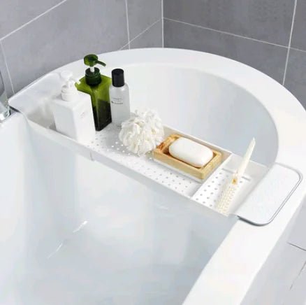 Retractable Bathtub Shelf – Japanese - Style Bathroom Storage Tray, Punch - Free Install (White Ash/Black Ash) - Whimsical Shoppe