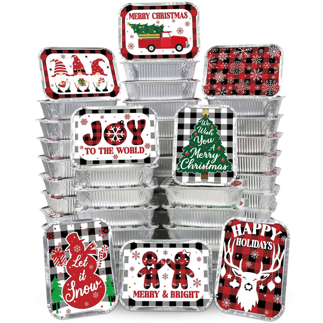 Siawoy 48Pcs Christmas Aluminum Food Containers with Lids 8 Christmas Buffalo Plaid Designs Christmas Treat Containers Christmas Cookie Tins with Lids Disposable Christmas Leftover Containers - Whimsical Shoppe