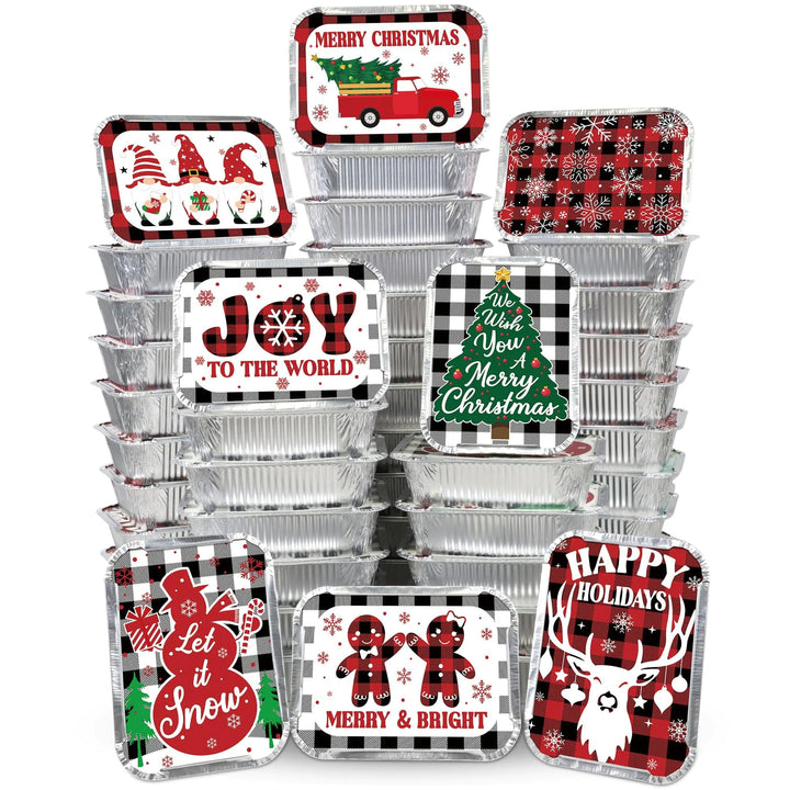 Siawoy 48Pcs Christmas Aluminum Food Containers with Lids 8 Christmas Buffalo Plaid Designs Christmas Treat Containers Christmas Cookie Tins with Lids Disposable Christmas Leftover Containers - Whimsical Shoppe