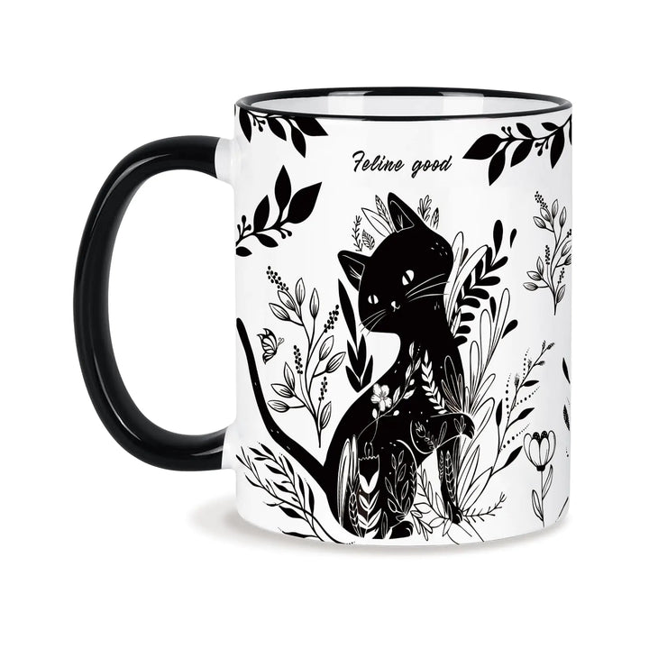 Silkwishes "Feline Good" Black Cat Mug - Black & White Botanical Line Art - Whimsical Shoppe