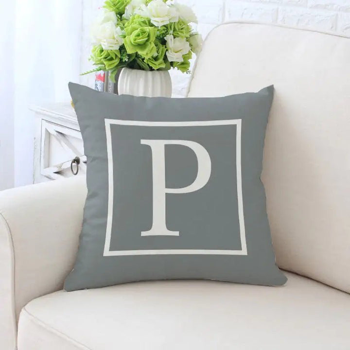 Single - Sided Printed Alphabet Pillowcase – 45×45 cm Polyester Twill, Geometric Grey (A–Z) - Whimsical Shoppe