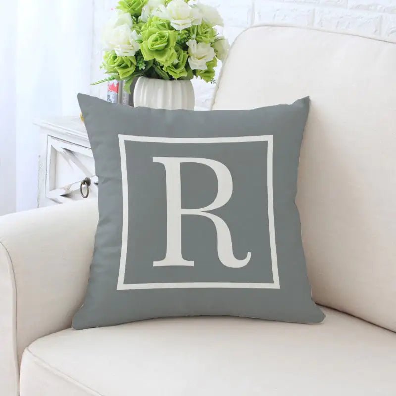 Single - Sided Printed Alphabet Pillowcase – 45×45 cm Polyester Twill, Geometric Grey (A–Z) - Whimsical Shoppe