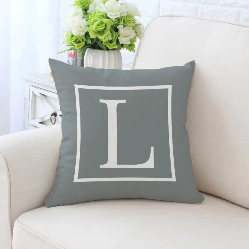 Single - Sided Printed Alphabet Pillowcase – 45×45 cm Polyester Twill, Geometric Grey (A–Z) - Whimsical Shoppe