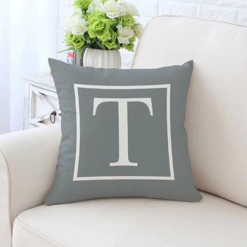 Single - Sided Printed Alphabet Pillowcase – 45×45 cm Polyester Twill, Geometric Grey (A–Z) - Whimsical Shoppe