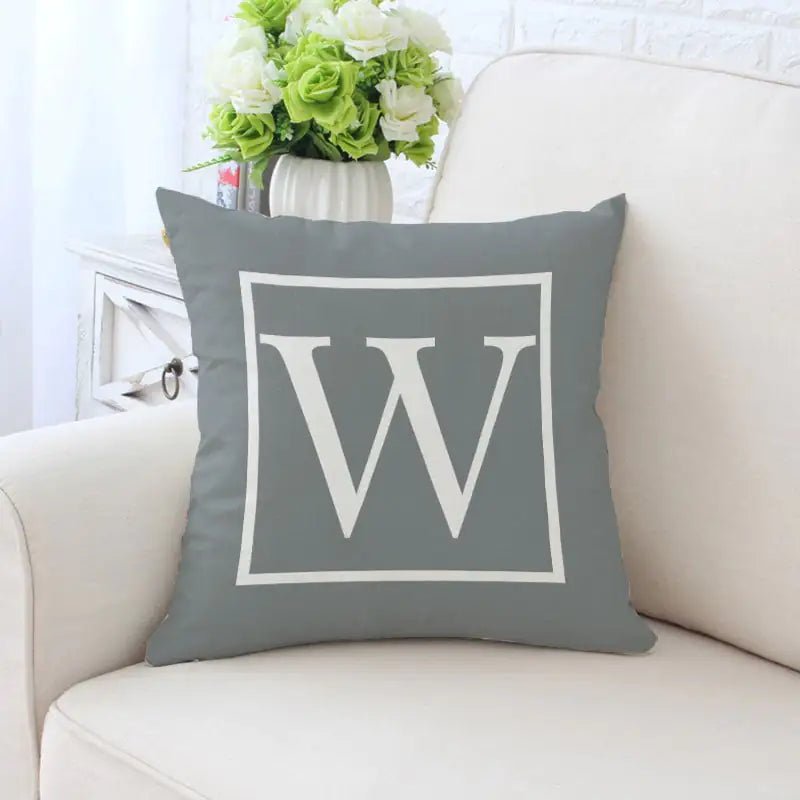 Single - Sided Printed Alphabet Pillowcase – 45×45 cm Polyester Twill, Geometric Grey (A–Z) - Whimsical Shoppe