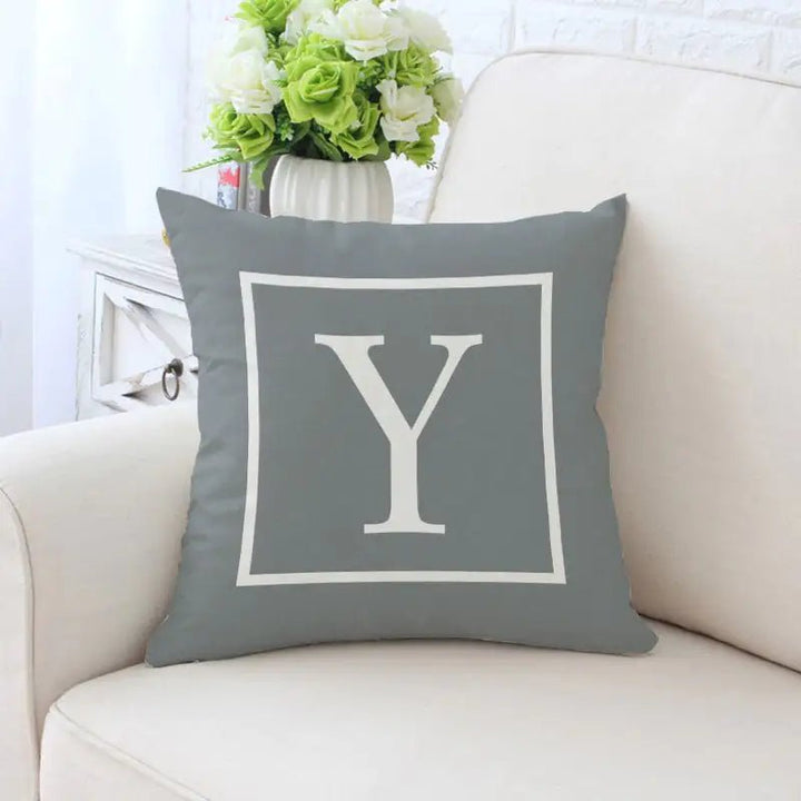 Single - Sided Printed Alphabet Pillowcase – 45×45 cm Polyester Twill, Geometric Grey (A–Z) - Whimsical Shoppe
