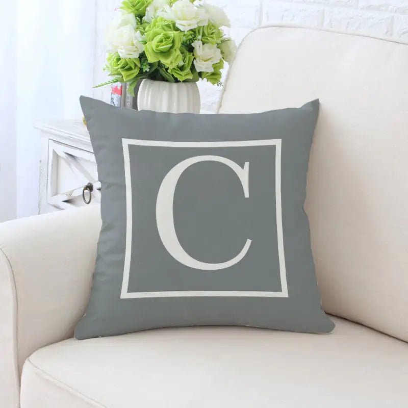 Single - Sided Printed Alphabet Pillowcase – 45×45 cm Polyester Twill, Geometric Grey (A–Z) - Whimsical Shoppe