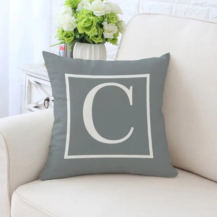 Single - Sided Printed Alphabet Pillowcase – 45×45 cm Polyester Twill, Geometric Grey (A–Z) - Whimsical Shoppe