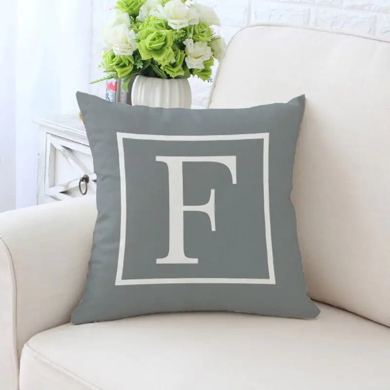 Single - Sided Printed Alphabet Pillowcase – 45×45 cm Polyester Twill, Geometric Grey (A–Z) - Whimsical Shoppe