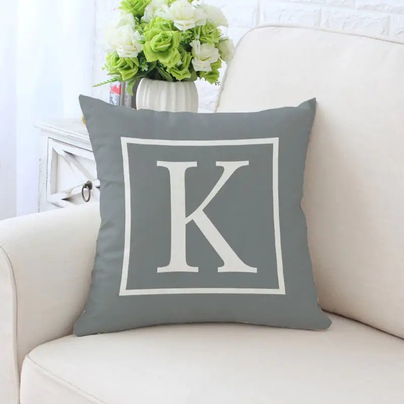Single - Sided Printed Alphabet Pillowcase – 45×45 cm Polyester Twill, Geometric Grey (A–Z) - Whimsical Shoppe