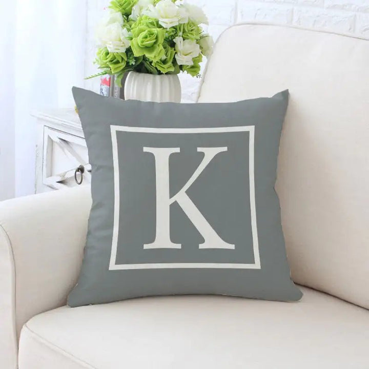 Single - Sided Printed Alphabet Pillowcase – 45×45 cm Polyester Twill, Geometric Grey (A–Z) - Whimsical Shoppe
