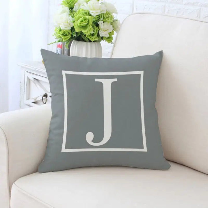 Single - Sided Printed Alphabet Pillowcase – 45×45 cm Polyester Twill, Geometric Grey (A–Z) - Whimsical Shoppe