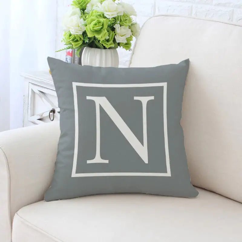 Single - Sided Printed Alphabet Pillowcase – 45×45 cm Polyester Twill, Geometric Grey (A–Z) - Whimsical Shoppe