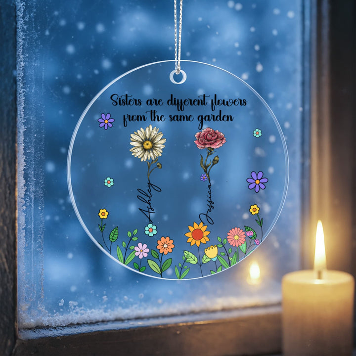 Sisters Are Different Flowers Personalized Christmas Ornament – Custom Names Floral Ornament, Sister Gift - Whimsical Shoppe