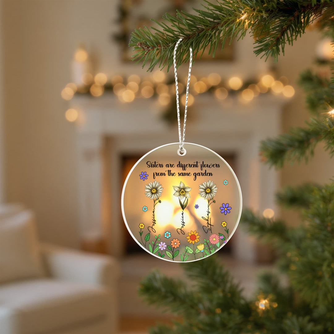 Sisters Are Different Flowers Personalized Christmas Ornament – Custom Names Floral Ornament, Sister Gift - Whimsical Shoppe