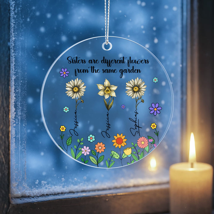 Sisters Are Different Flowers Personalized Christmas Ornament – Custom Names Floral Ornament, Sister Gift - Whimsical Shoppe
