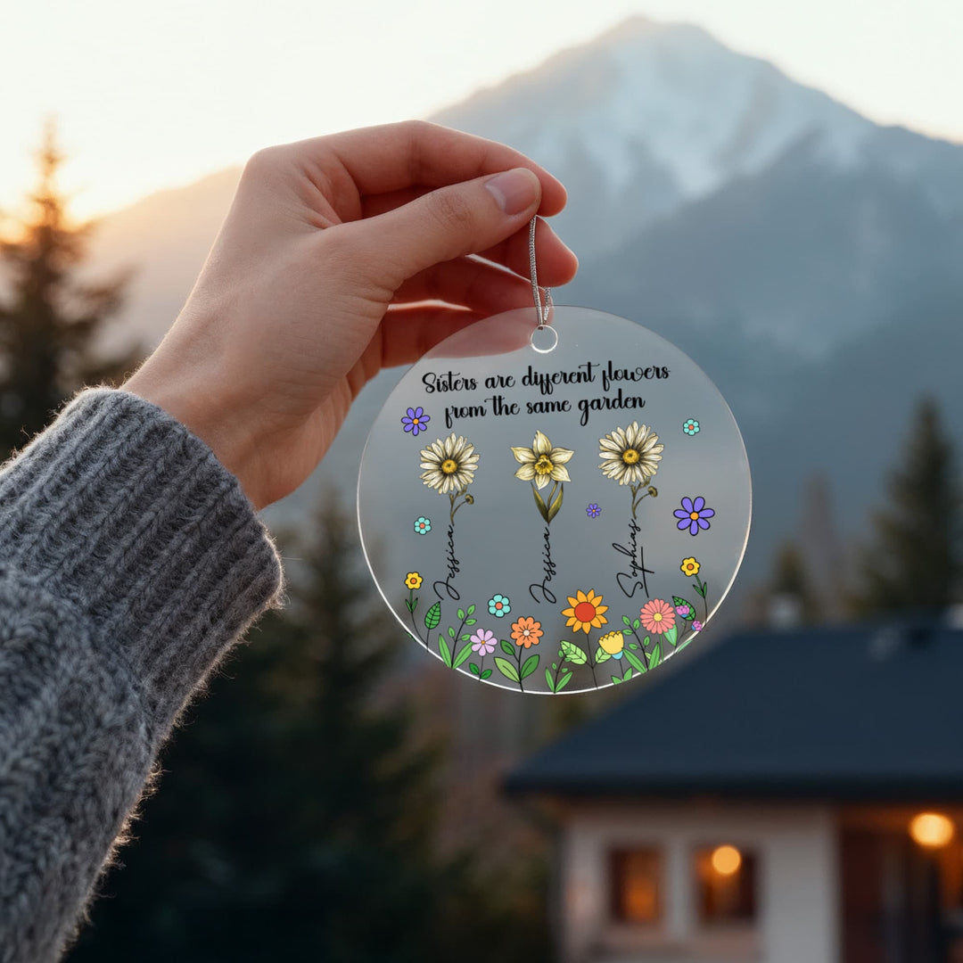 Sisters Are Different Flowers Personalized Christmas Ornament – Custom Names Floral Ornament, Sister Gift - Whimsical Shoppe