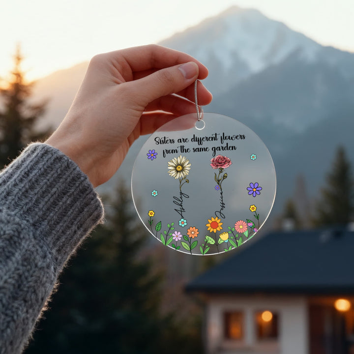 Sisters Are Different Flowers Personalized Christmas Ornament – Custom Names Floral Ornament, Sister Gift - Whimsical Shoppe