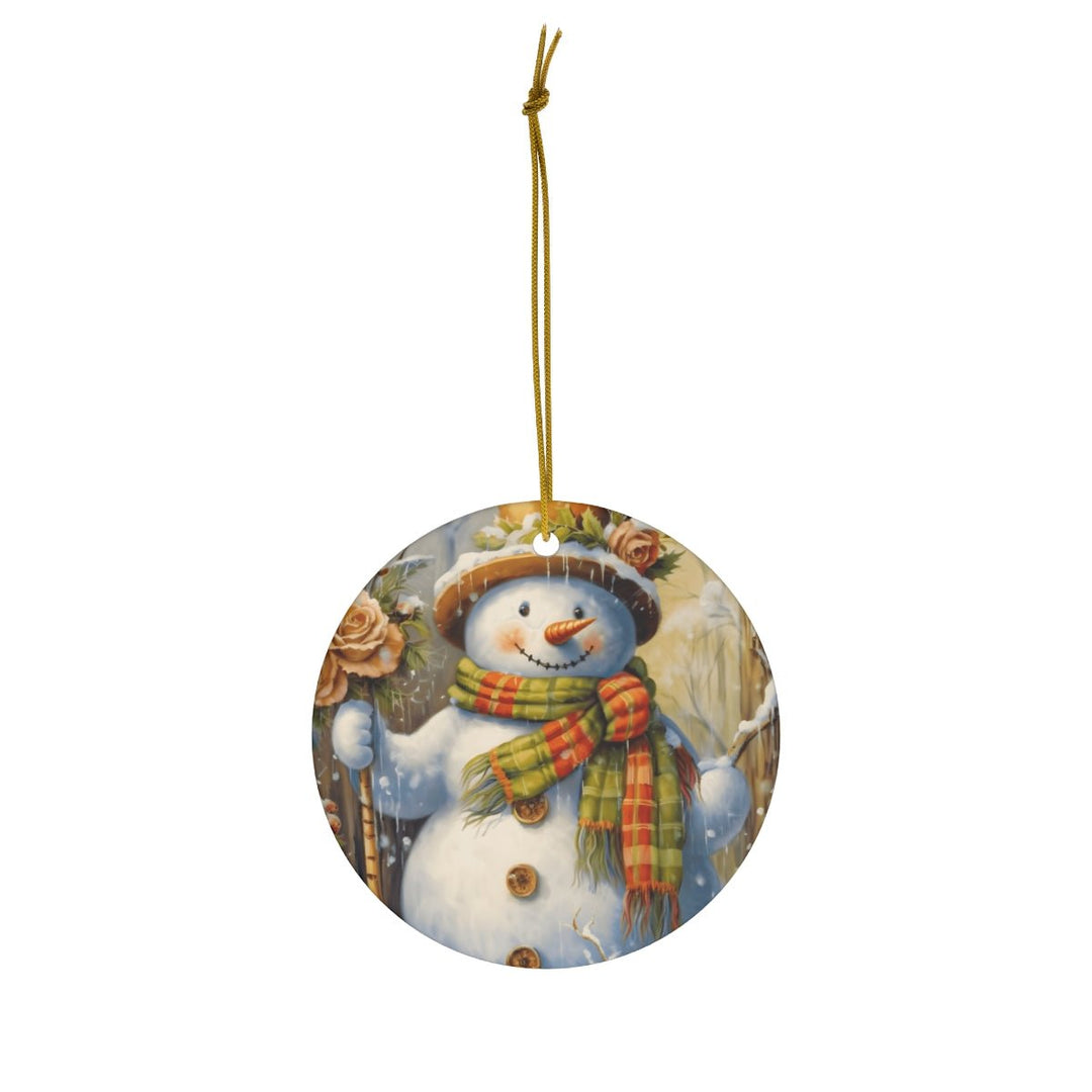 Snowman Series Watercolor Edition - Rustic Snowman & Gold Rose Ceramic Ornament - Whimsical Shoppe