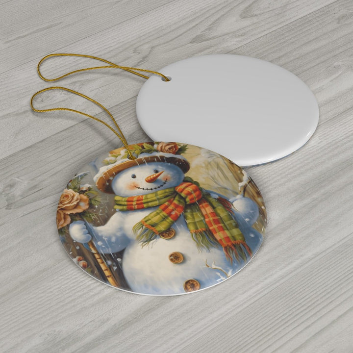 Snowman Series Watercolor Edition - Rustic Snowman & Gold Rose Ceramic Ornament - Whimsical Shoppe