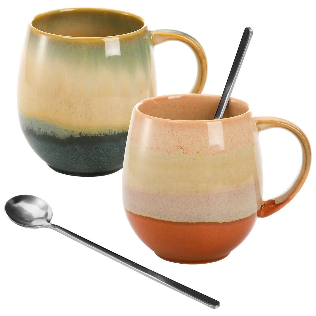 Stoneware Reactive Glaze Coffee Mug Set with Spoons (2 - Pack) - Whimsical Shoppe