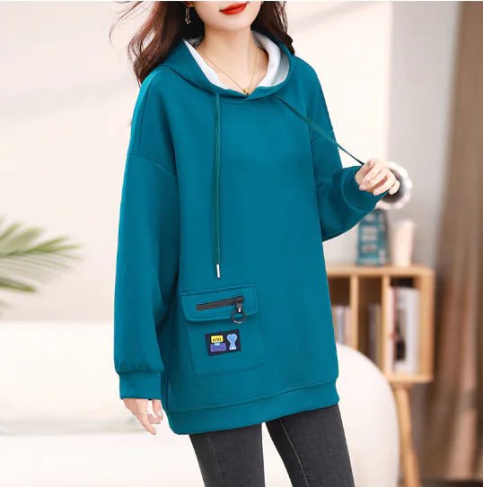 Text Embroidered Pocket Hoodie for Women, Autumn Style - Whimsical Shoppe