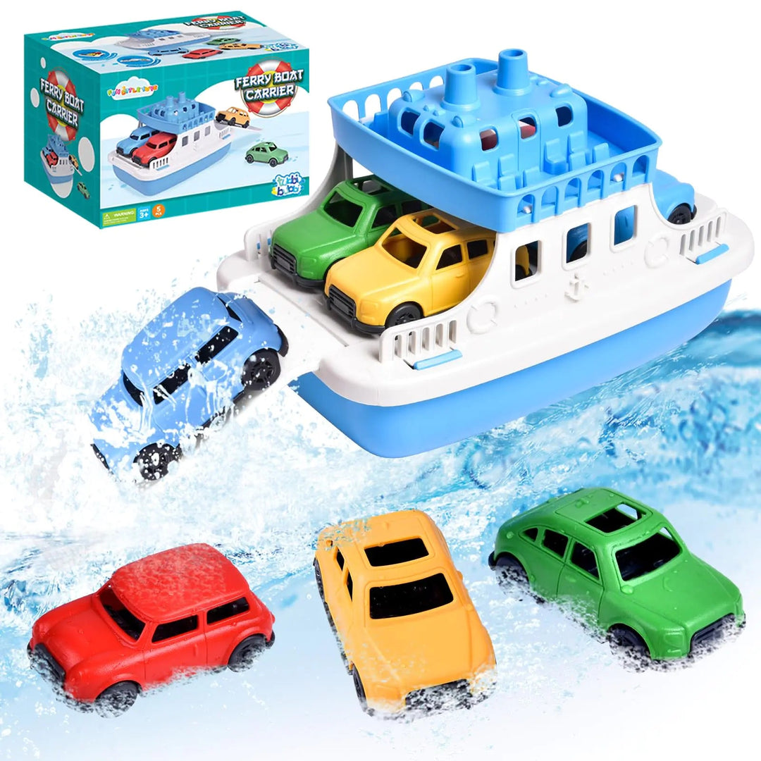 Toy Boat Bath Set with 4 Mini Cars – Floating Ferry Boat Water Toys for Toddlers (Bathtub/Pool/Beach), Safe & Mold - Free - Whimsical Shoppe